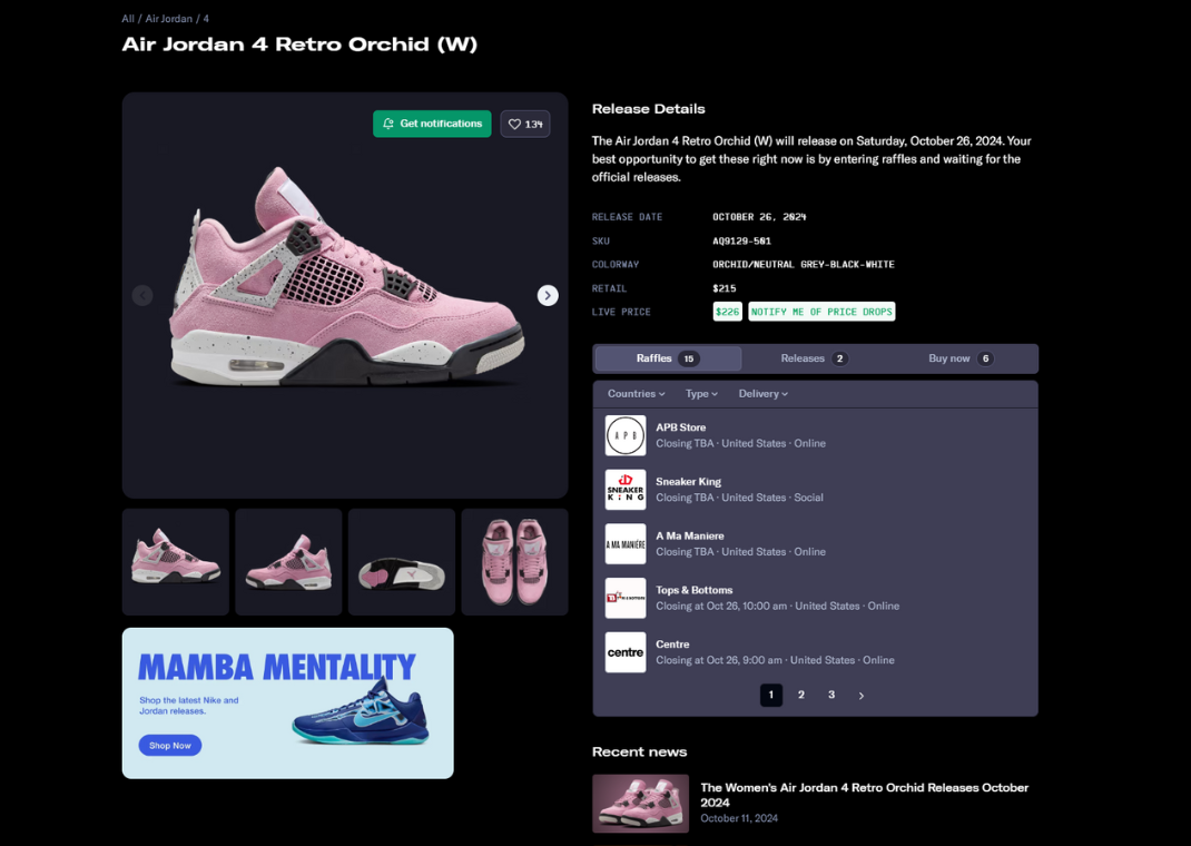 Air Jordan 4 Retro Orchid (W) Raffle Page