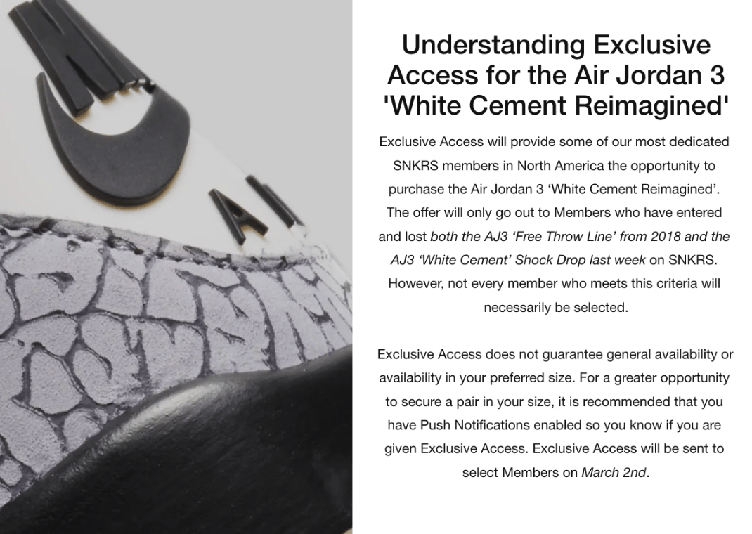 SNKRS Air Jordan 3 White Cement Reimagined Exclusive Access selection criteria