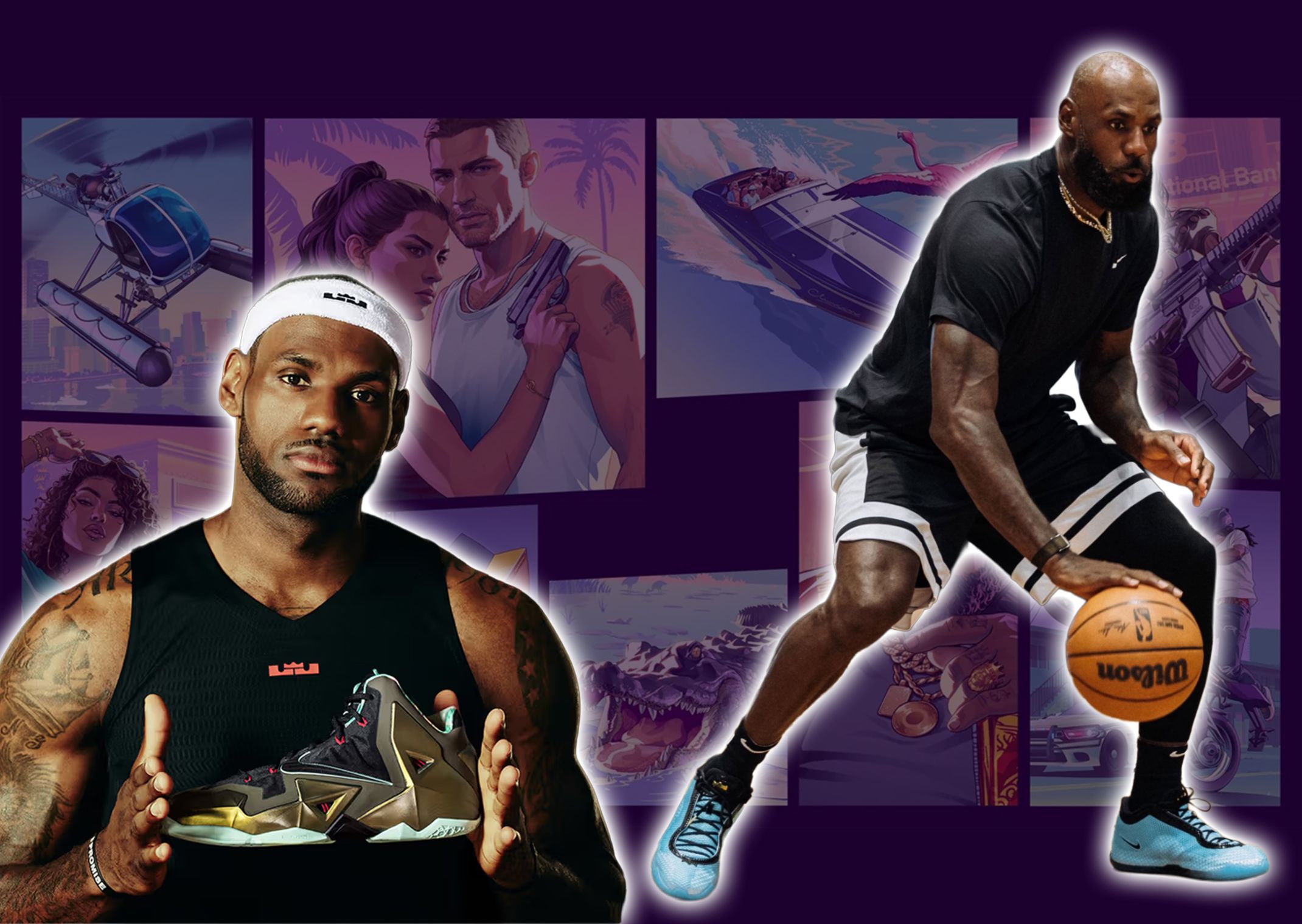 LeBron James holding the Nike LeBron 11 in 2013 and wearing the Nike LeBron 24 in 2024