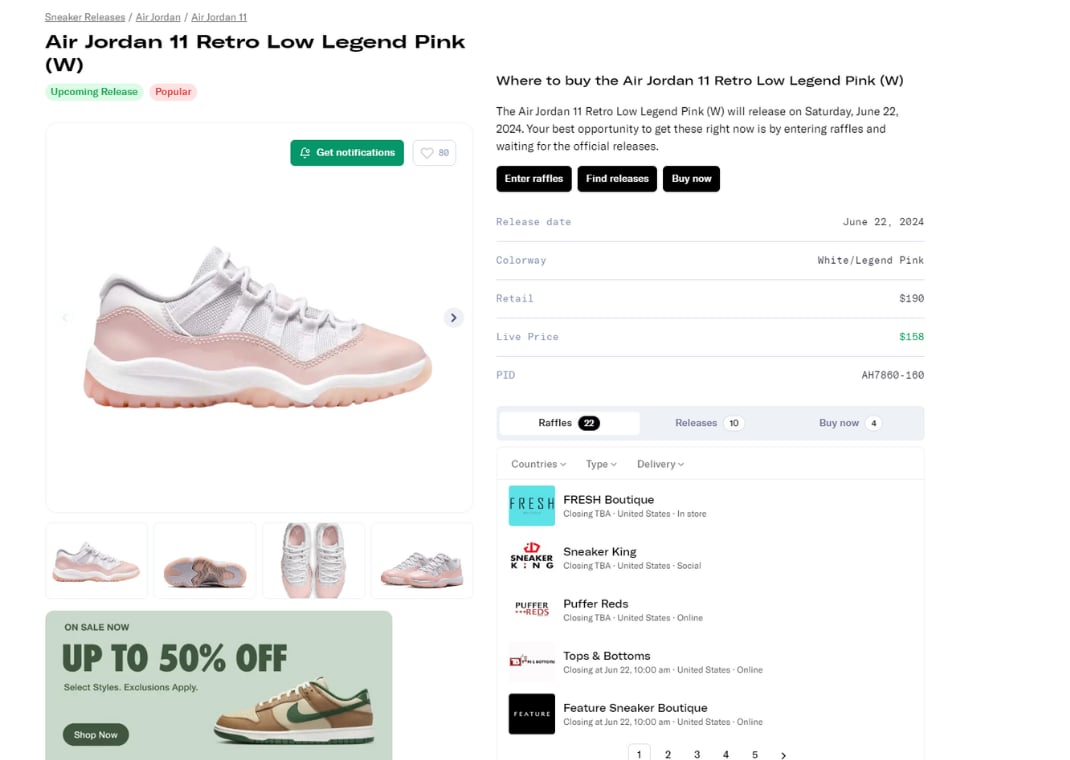 Air Jordan 11 Retro Low Legend Pink Raffle Page