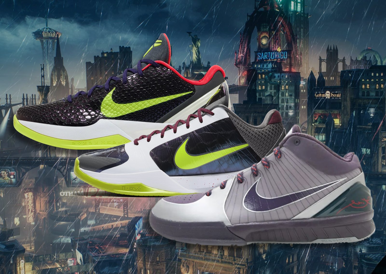 Nike Kobe Chaos series (Kobe 4 bottom, Kobe 5 center, and Kobe 6 top)