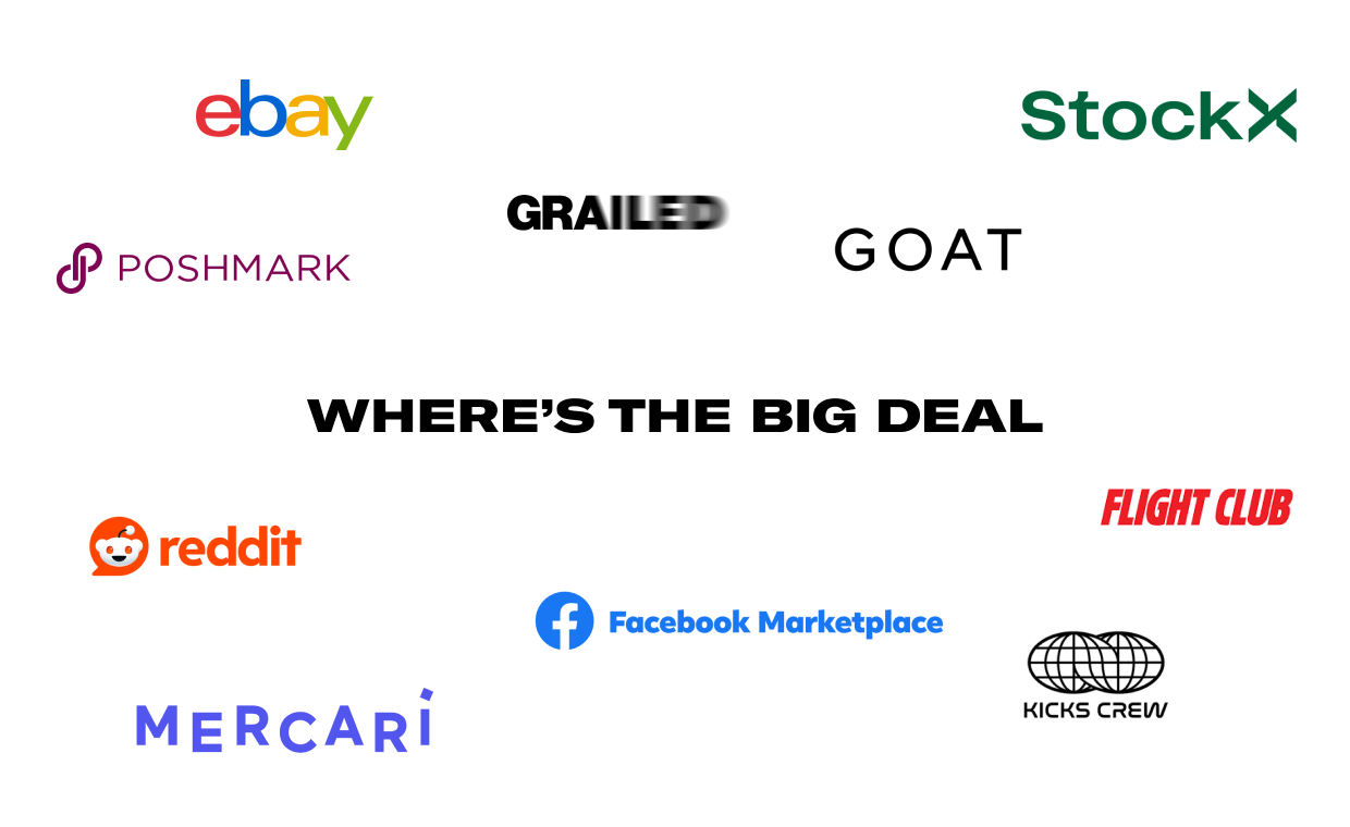 Logos of popular secondary markets like eBay, StockX, Grailed, and Goat.