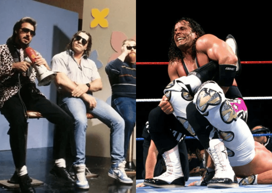 Bret “Hitman” Hart wearing the UNC Air Jordan 1 (left) and Air Jordan 11-inspired boots (right)