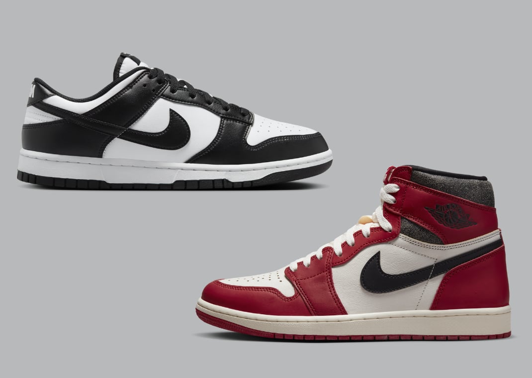 Nike Dunk Low Panda (top) vs. Air Jordan 1 Retro High OG Lost & Found (bottom)