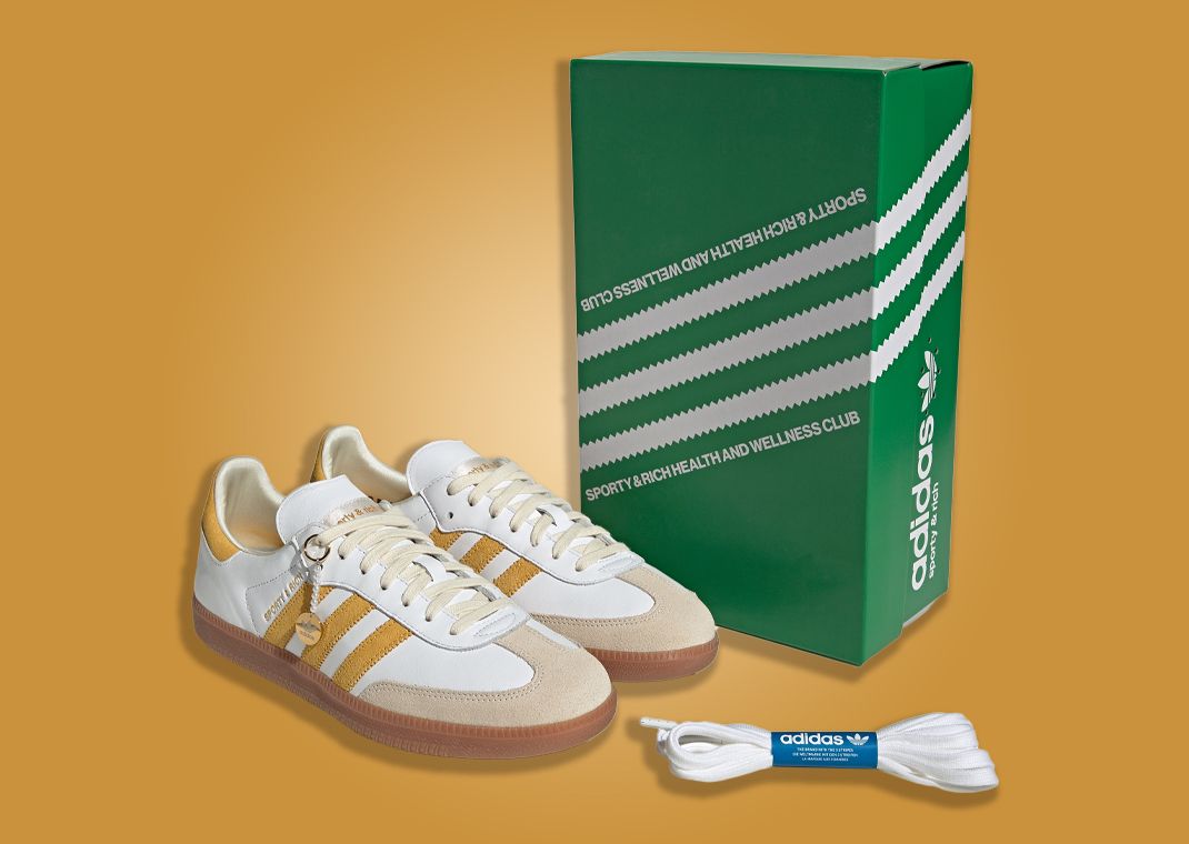 Sporty & Rich x adidas Samba OG Cloud White Bold Gold Sneakers and Packaging