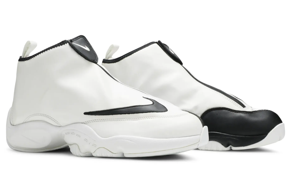 Nike Air Zoom Flight The Glove retro in white, black, and poison green colorway, Gary Payton signature basketball shoe