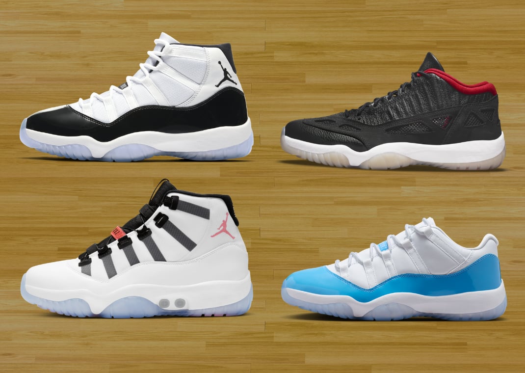 Air Jordan 11 Retro (top left), Air Jordan 11 Adapt (bottom left), Air Jordan 11 Low IE (top right), and Air Jordan 11 Low (bottom right)