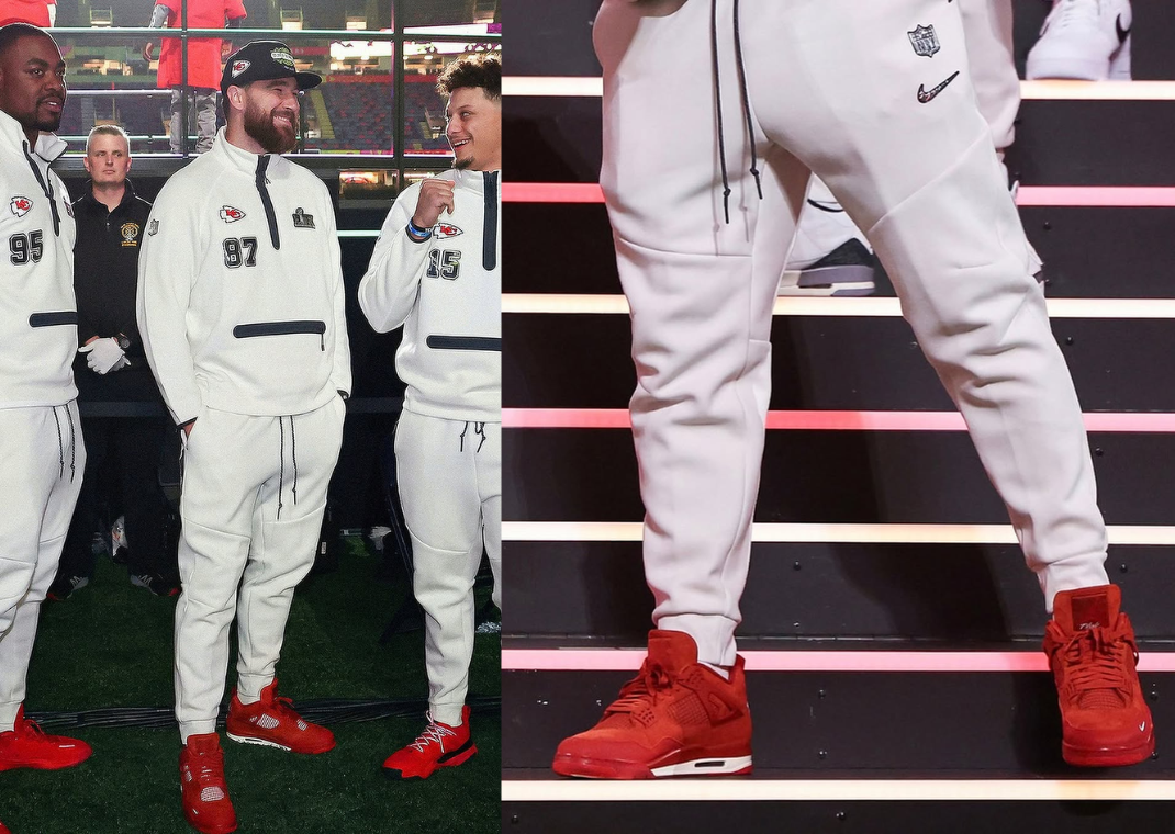 Travis Kelce wearing the Nigel Sylvester x Air Jordan 4 Brick by Brick