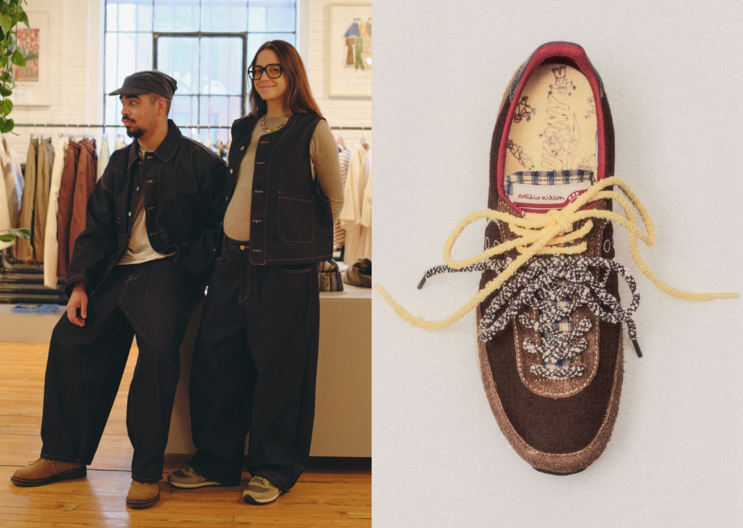 Andrés Barrios (left) and Gabrielle Gagné (right) alongside the Estudio Niksen x Saucony Trainer 80