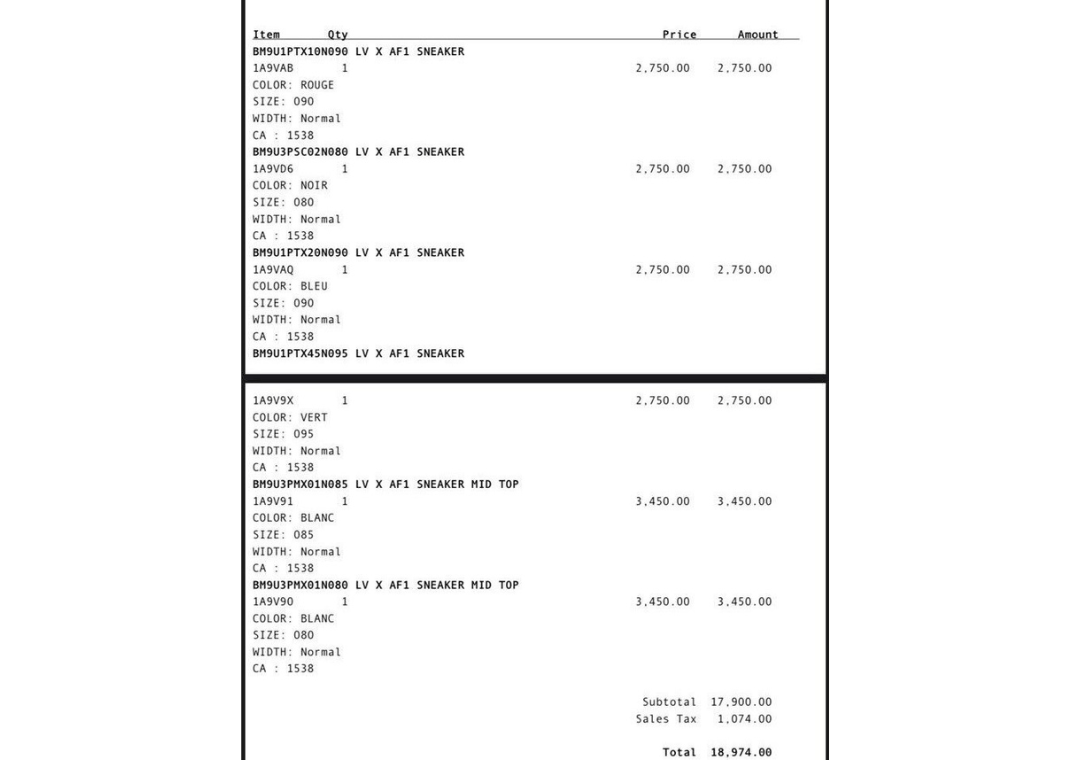 Receipt Displaying A Bulk Order Of Louis Vuitton x Nike Air Force 1s