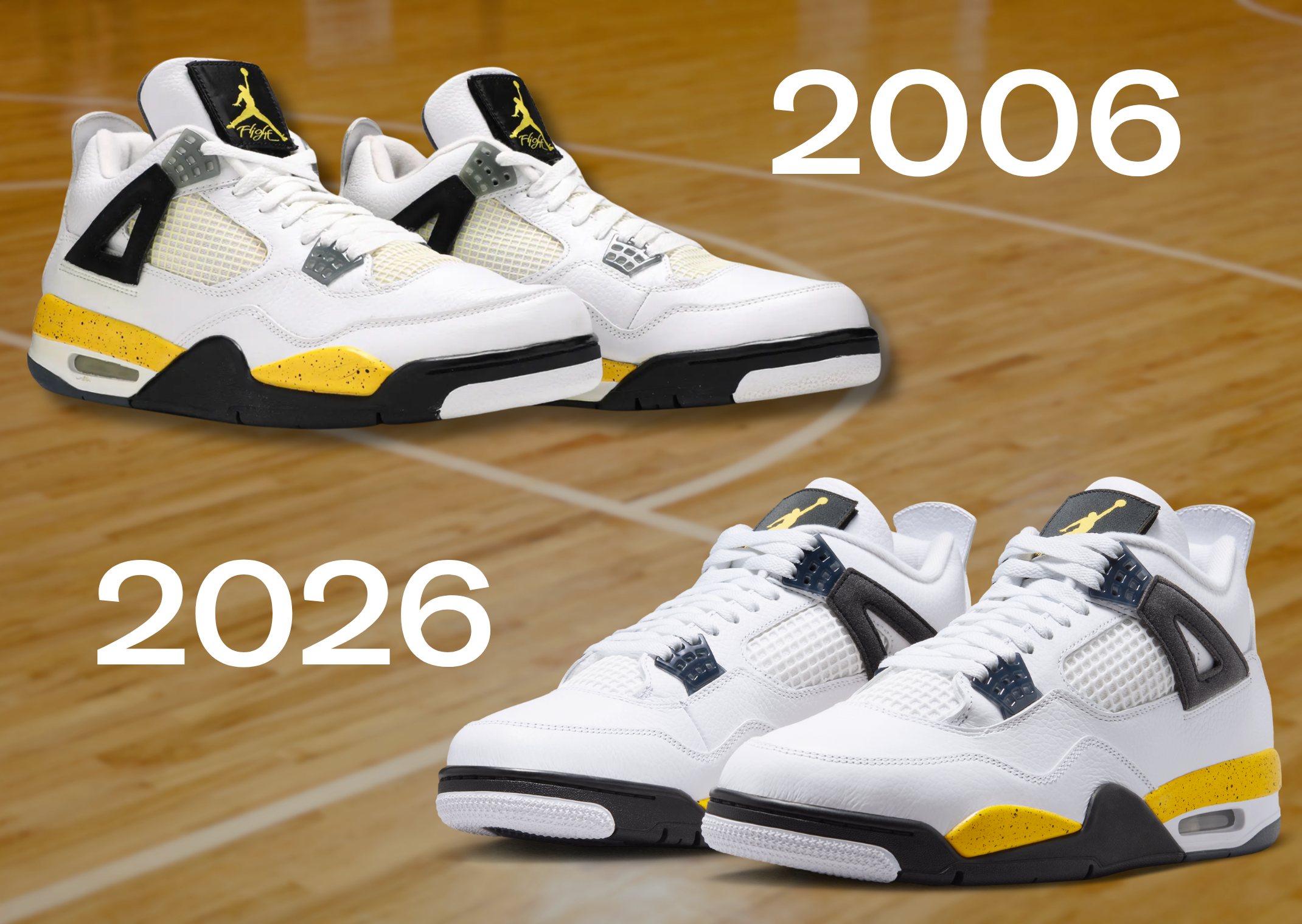 2006 Air Jordan 4 Retro Tour Yellow (top) vs 2026 Air Jordan 4 Retro Tour Yellow (bottom)
