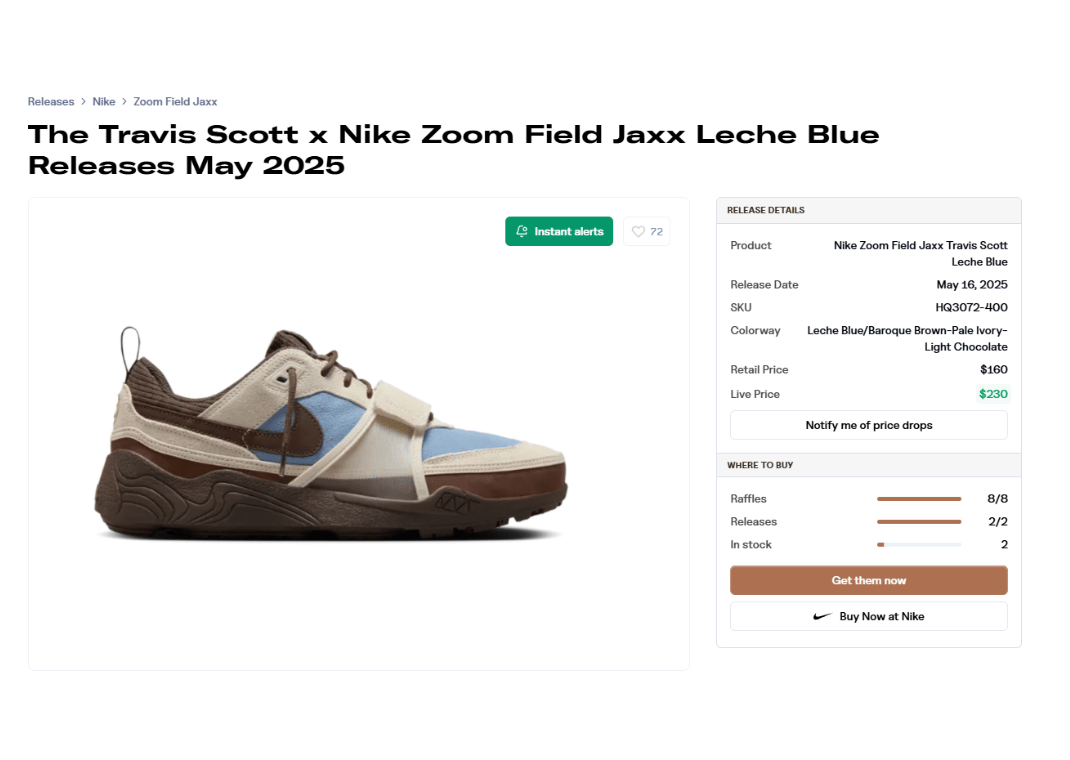 Travis Scott x Nike Zoom Field Jaxx Pale Ivory Leche Blue Raffle Page