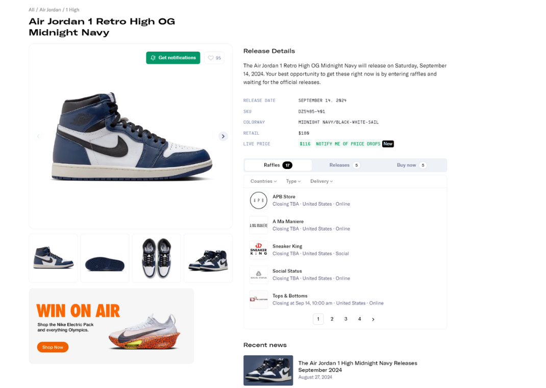 Air Jordan 1 Retro High OG Midnight Navy Raffle Page