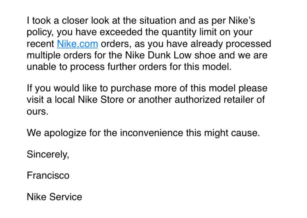 Message To A Customer Stating They Have Been Banned From Purchasing Dunks