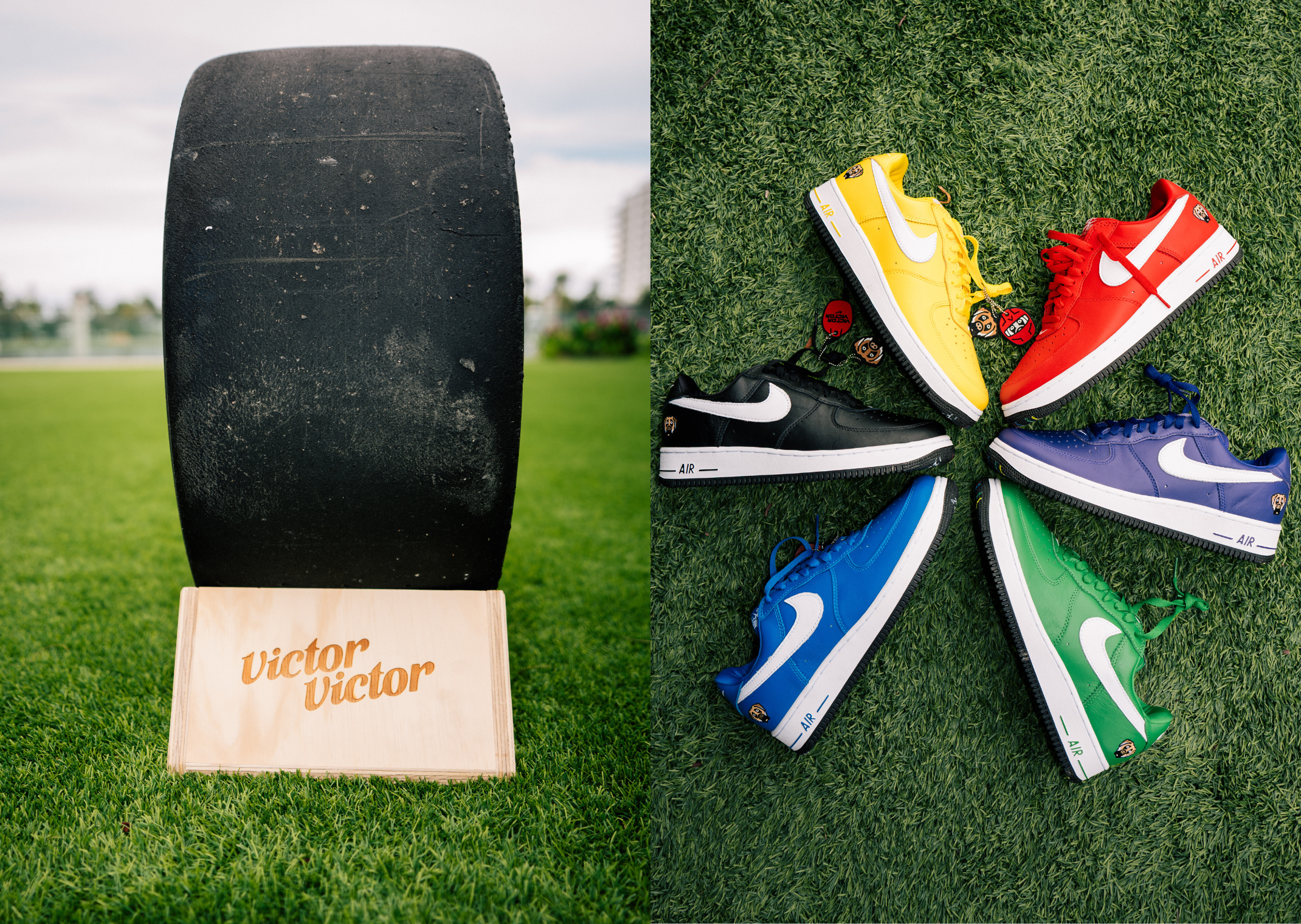 Victor Victor x Nike Air Force 1 '01 in red, purple, black, and blue colorways from the four-pair retail collection paired with Il Caos Parte 1 EP - detail view 1