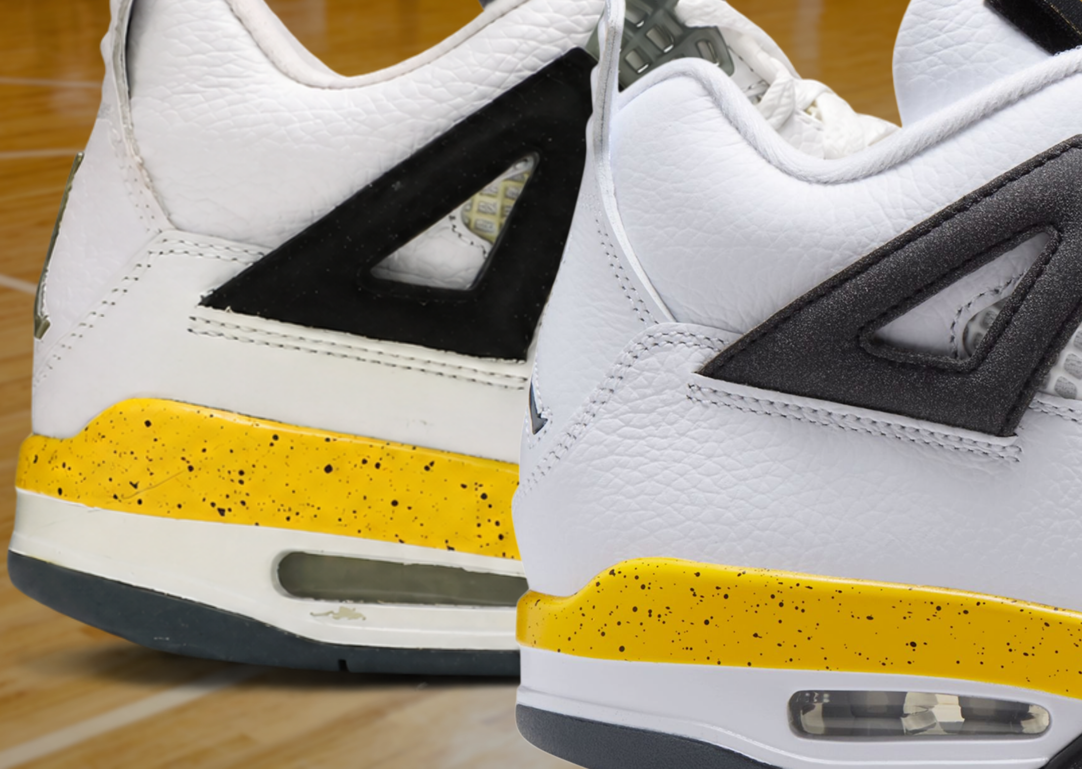 2006 Air Jordan 4 Retro Tour Yellow (left) vs 2026 Air Jordan 4 Retro Tour Yellow (right)