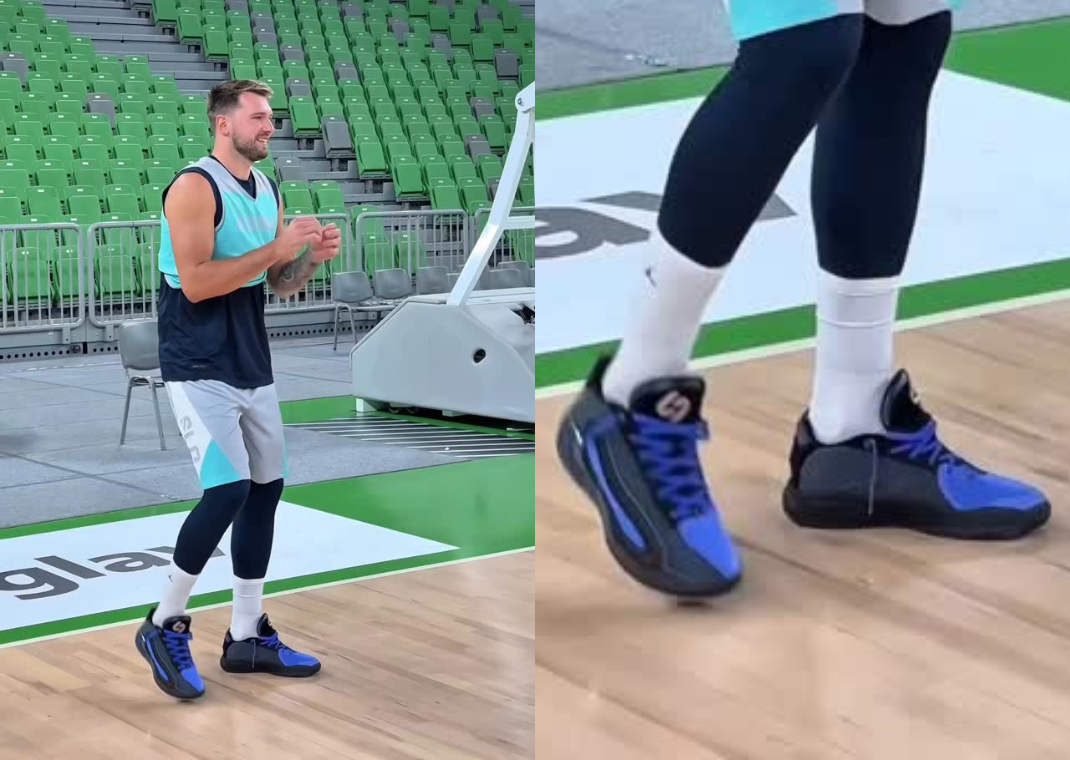 Luka Doncic wearing his Jordan Luka 4 Black Purple PE