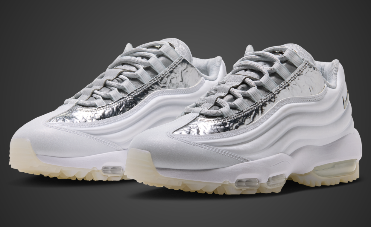 The Nike Air Max 95 Golf S4S is a Puffy White Colorway with Silver Accents for the Fairway