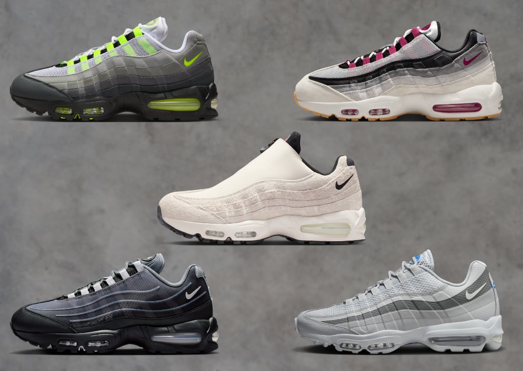Air Max 95 Big Bubble (top left), SB Air Max 95 (top right), Air Max 95 Zip (middle), Air Max 95 Tech (bottom left), and Air Max 95 Ultra (bottom right)