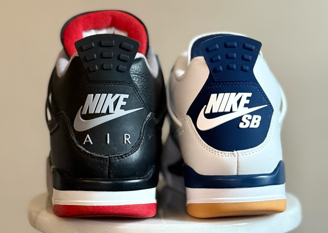 Jordan 4 Bred Reimagined (left) vs Nike SB Air Jordan 4 Navy (right)