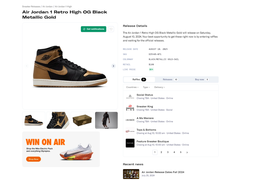 Air Jordan 1 Retro High OG Black Gold Raffle Page