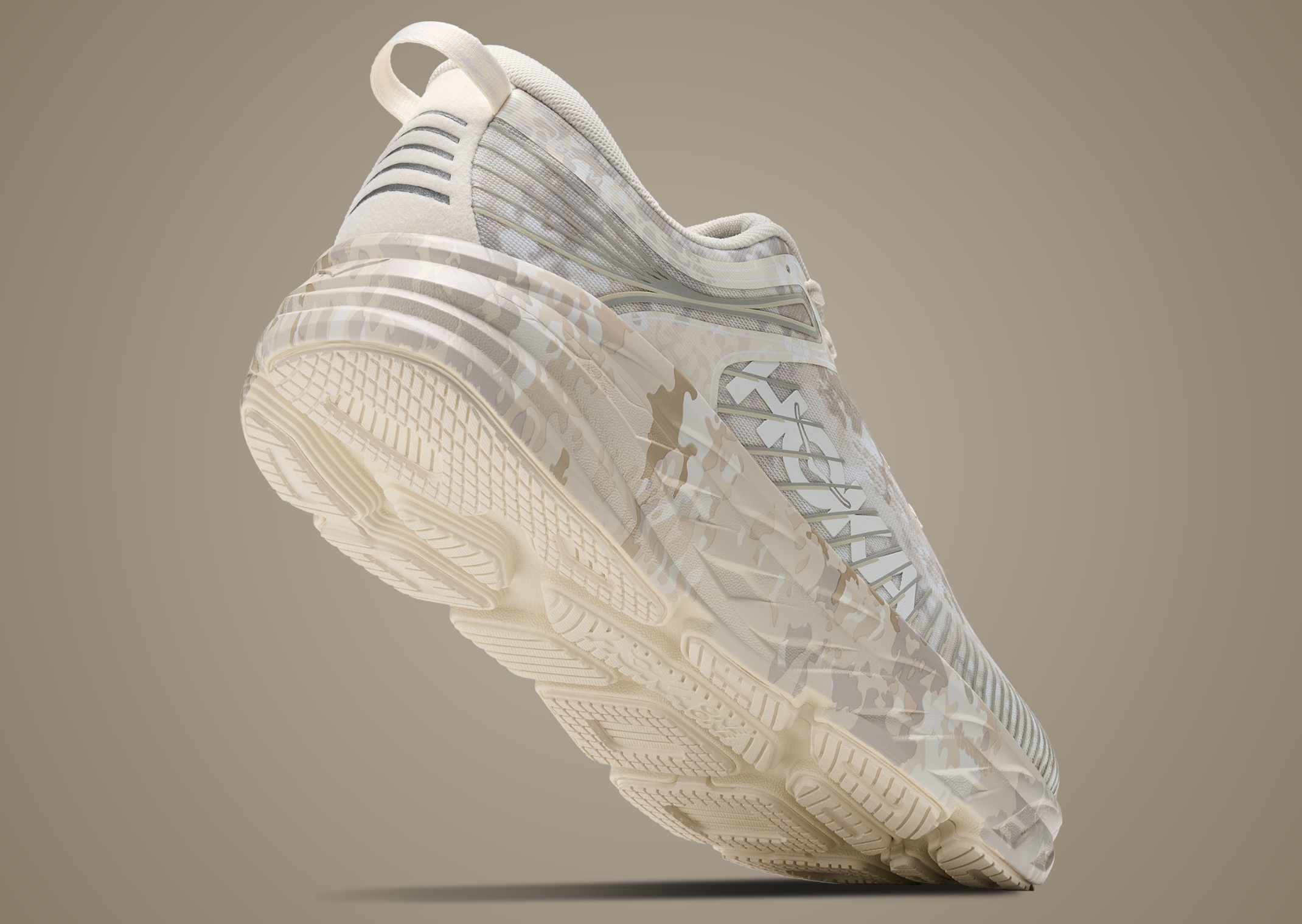 BEAMS x Hoka Bondi 7 Turtledove Camo - Heel Angle