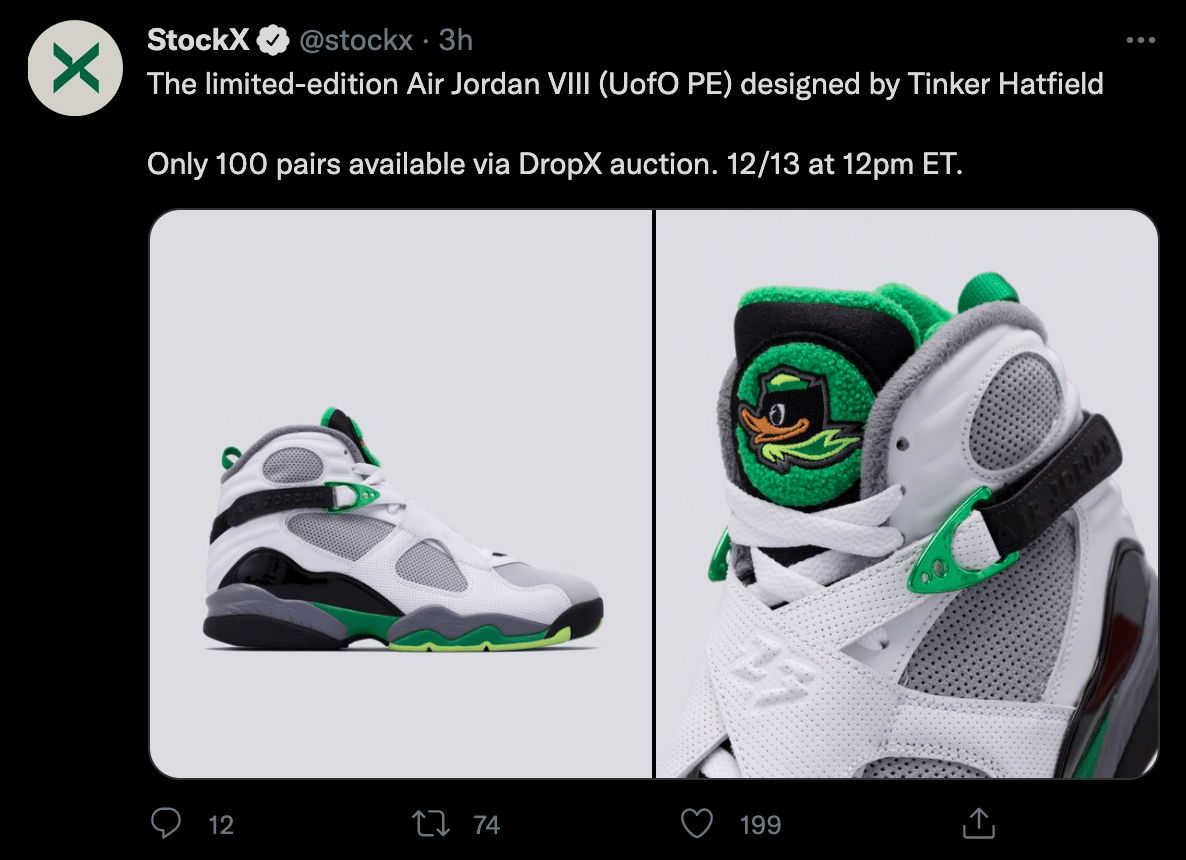 StockX teasing the upcoming DropX for the Jordan 8 Oregon Ducks PE