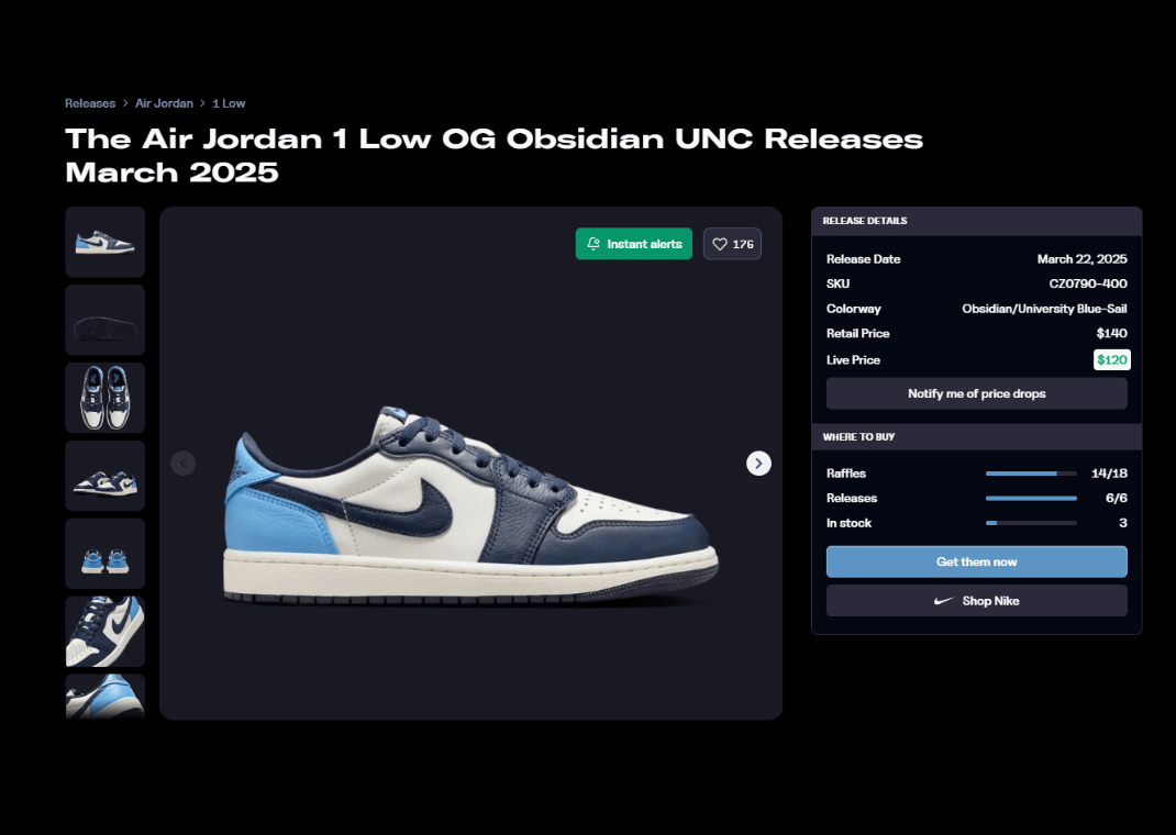 Air Jordan 1 Low OG Obsidian UNC Raffle Page