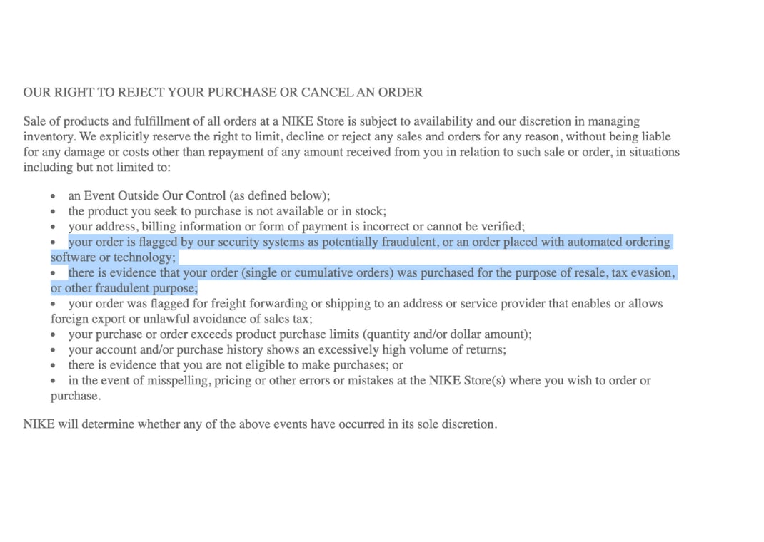Nike's right to reject or cancel orders