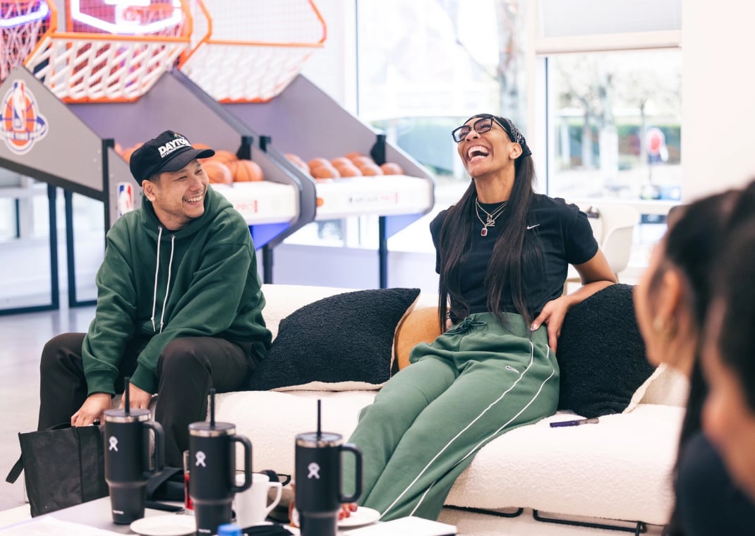 Nike footwear designer Ben Nethongkome and A'ja during an early development session Nike's World Headquarters in Oregon