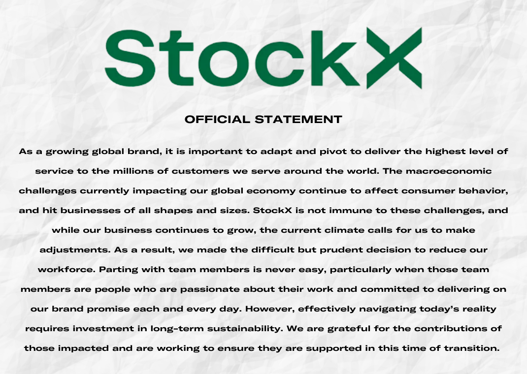 StockX Statement regarding Summer 2022 layoffs