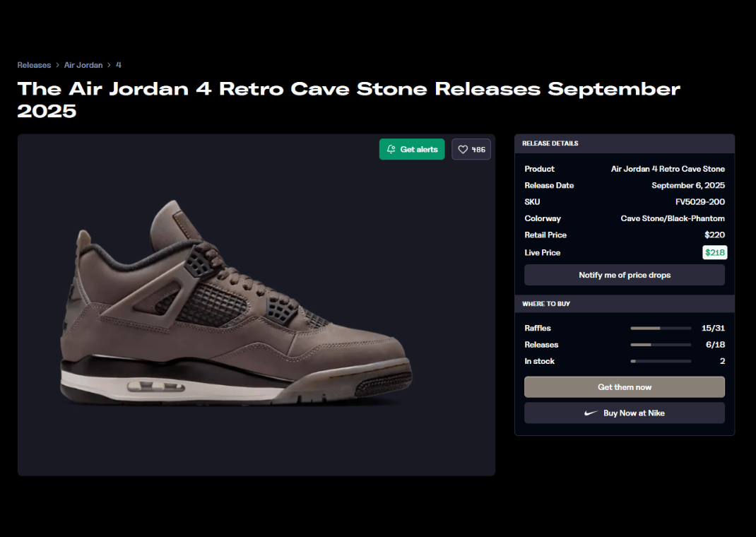 Air Jordan 4 Retro Cave Stone Raffle Page