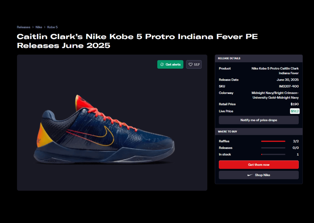 Caitlin Clark x Nike Kobe 5 Protro Indiana Fever PE Raffle Page