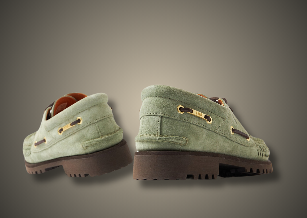 END x Timberland Authentic 3-Eye Boat Shoe Light Green Suede Heel Angle