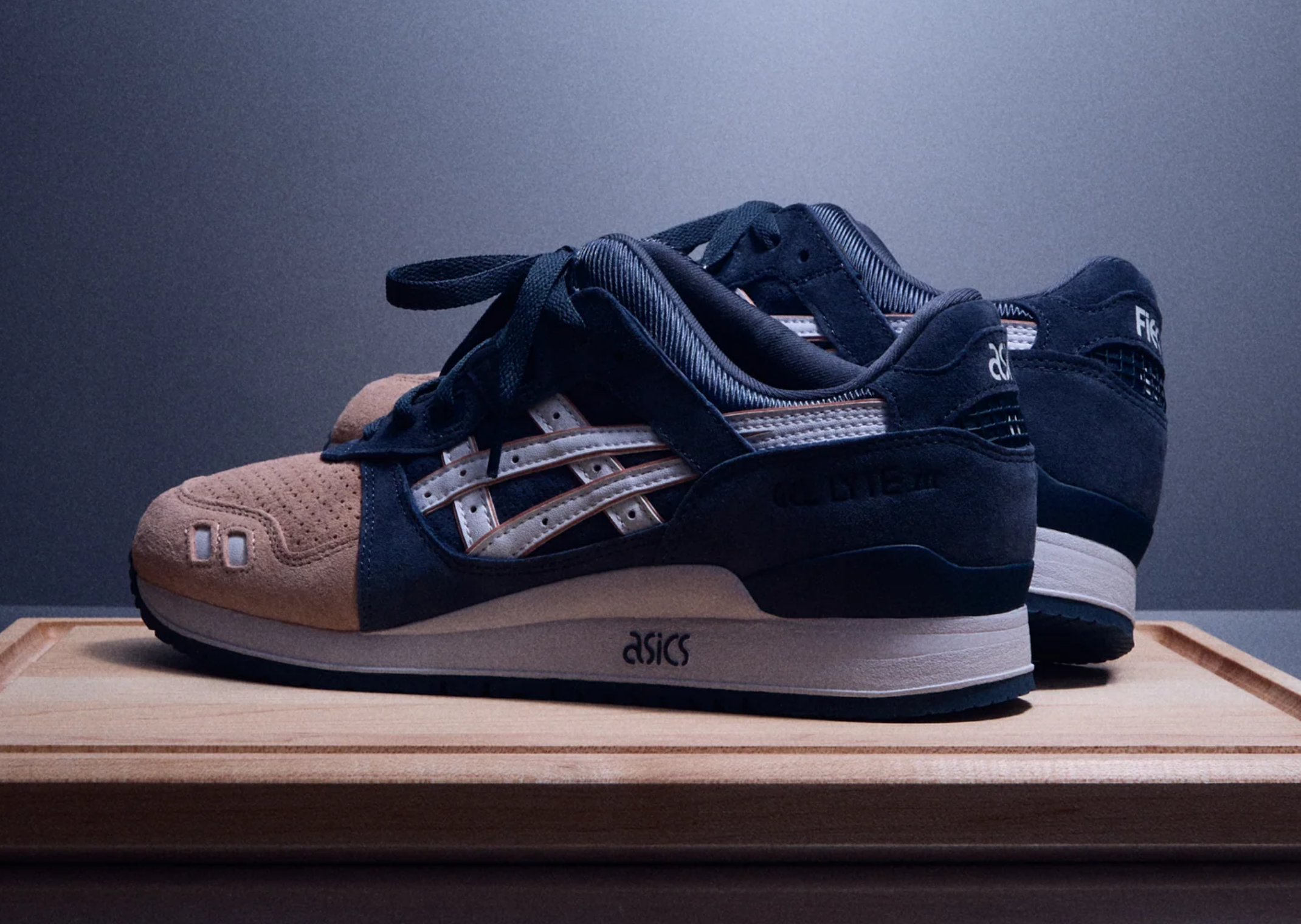 Kith x ASICS Gel-Lyte III Remastered Salmon Toe top view showing perforated pigskin nubuck vamp and asymmetrical branding