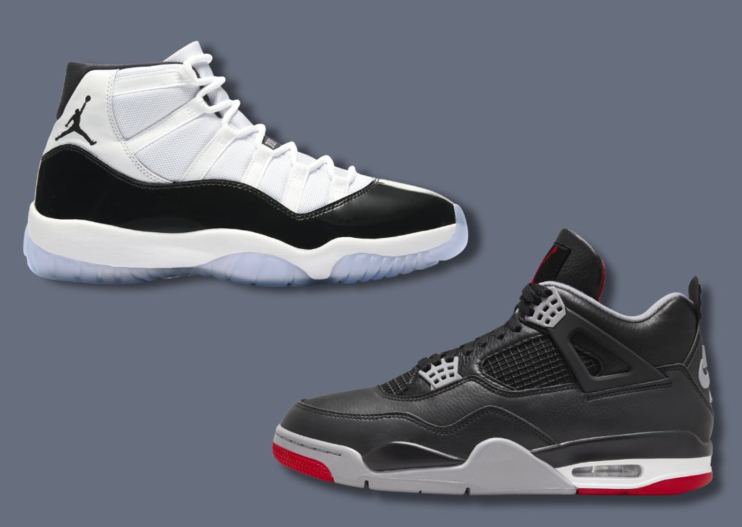 Air Jordan 11 Concord (left) vs. Air Jordan 4 Bred Reimagined (right)