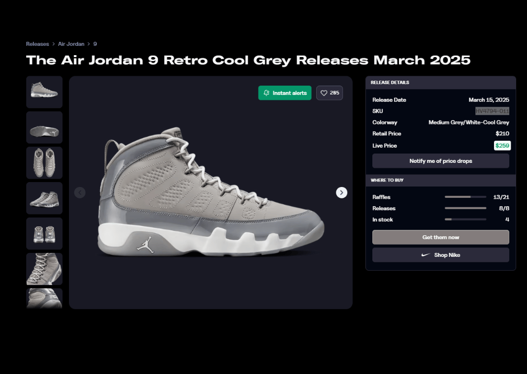 Air Jordan 9 Retro Cool Grey Raffle Page