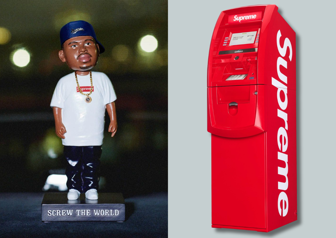 DJ Screw bobblehead (left) and the $9,000 Supreme ATM (right)