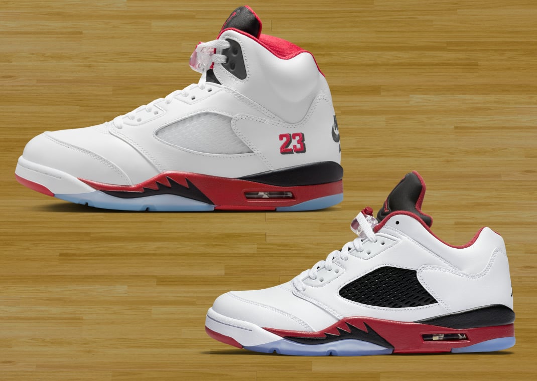 Air Jordan 5 Retro Fire Red Black Tongue (top) and Air Jordan 5 Retro Low Fire Red (bottom)