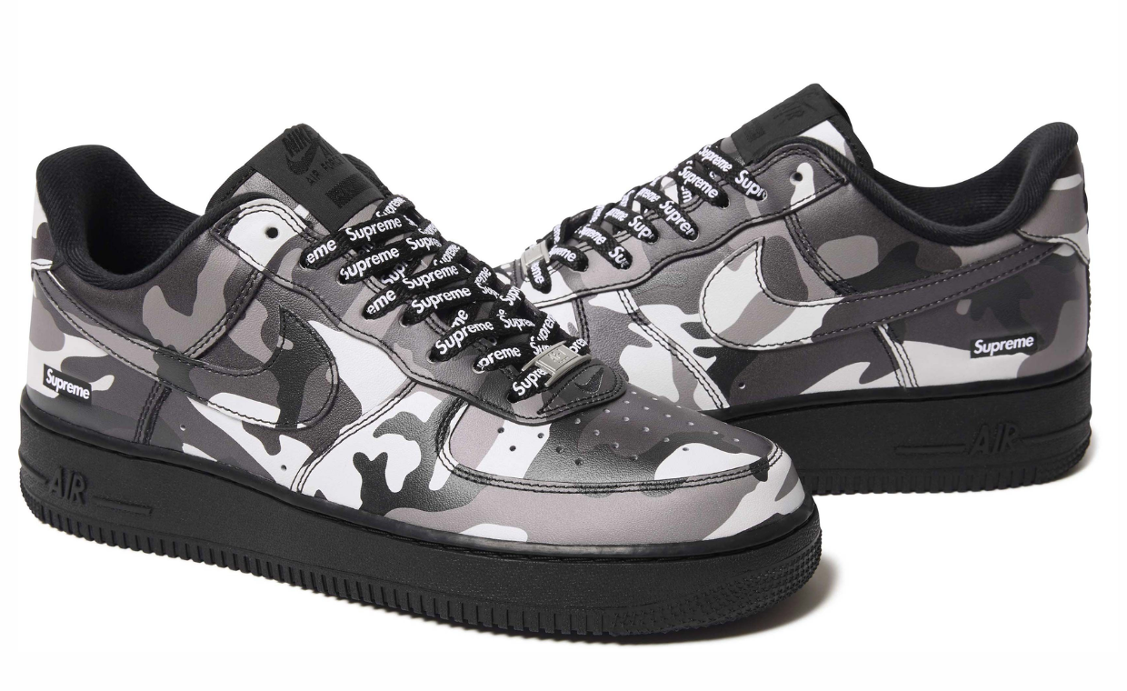 Supreme x Nike Air Force 1 Low in white, grey, and black snow camouflage pattern