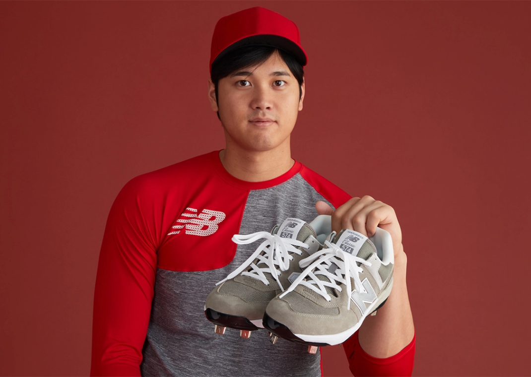 Shohei Ohtani Showcasing The New Balance 574 Baseball Cleat