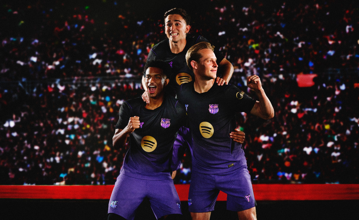 Nike Kobe x FC Barcelona Collection featuring purple and gold co-branded jerseys, shorts, and apparel with mamba texture detailing