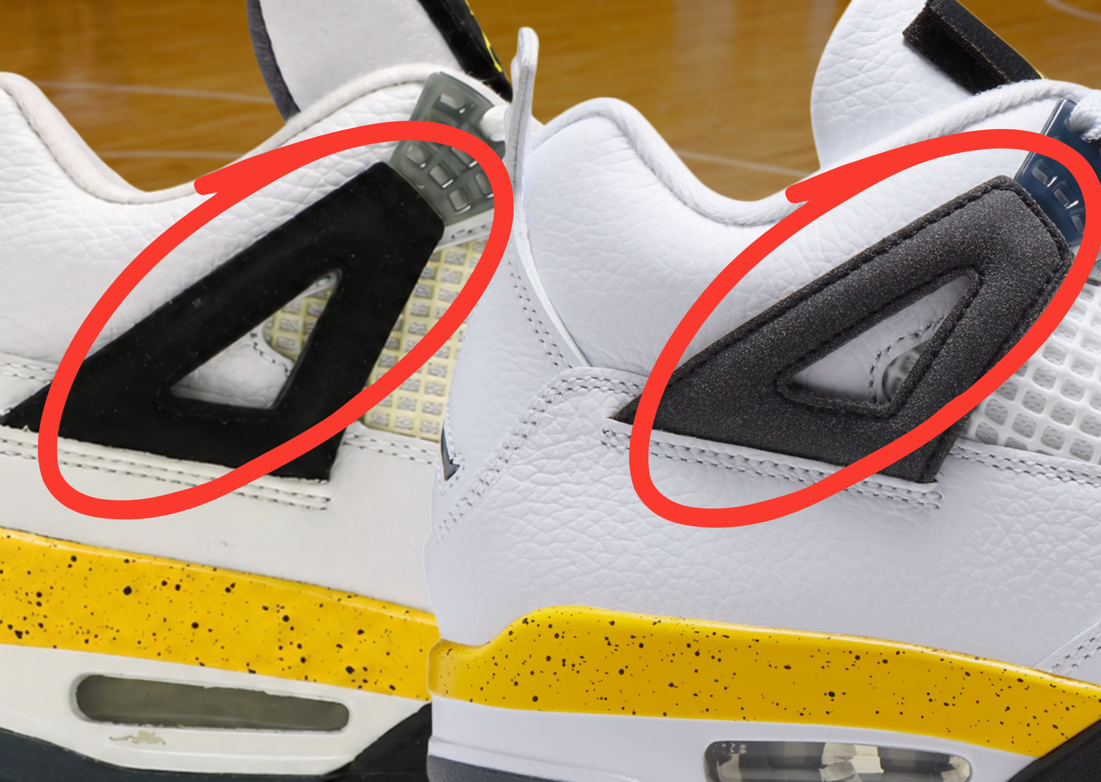 2006 Air Jordan 4 Retro Tour Yellow (left) vs 2026 Air Jordan 4 Retro Tour Yellow (right)