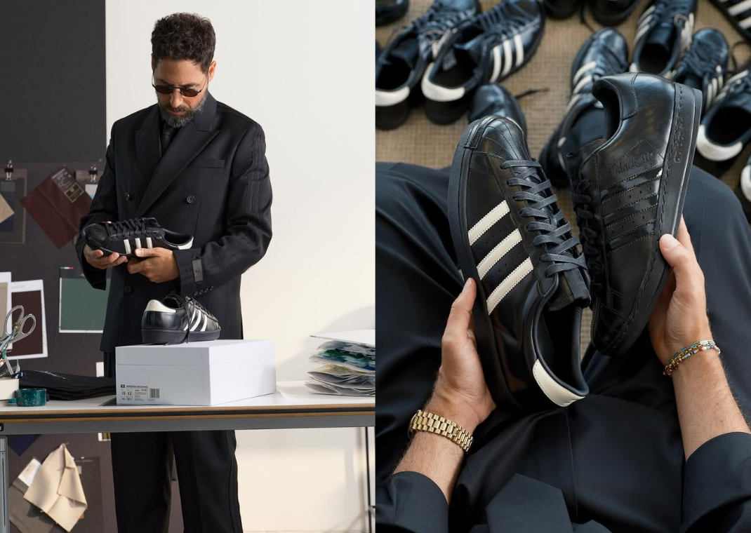 Ronnie Fieg holding a pair from the Kith x adidas Superstar Black Tie Collection
