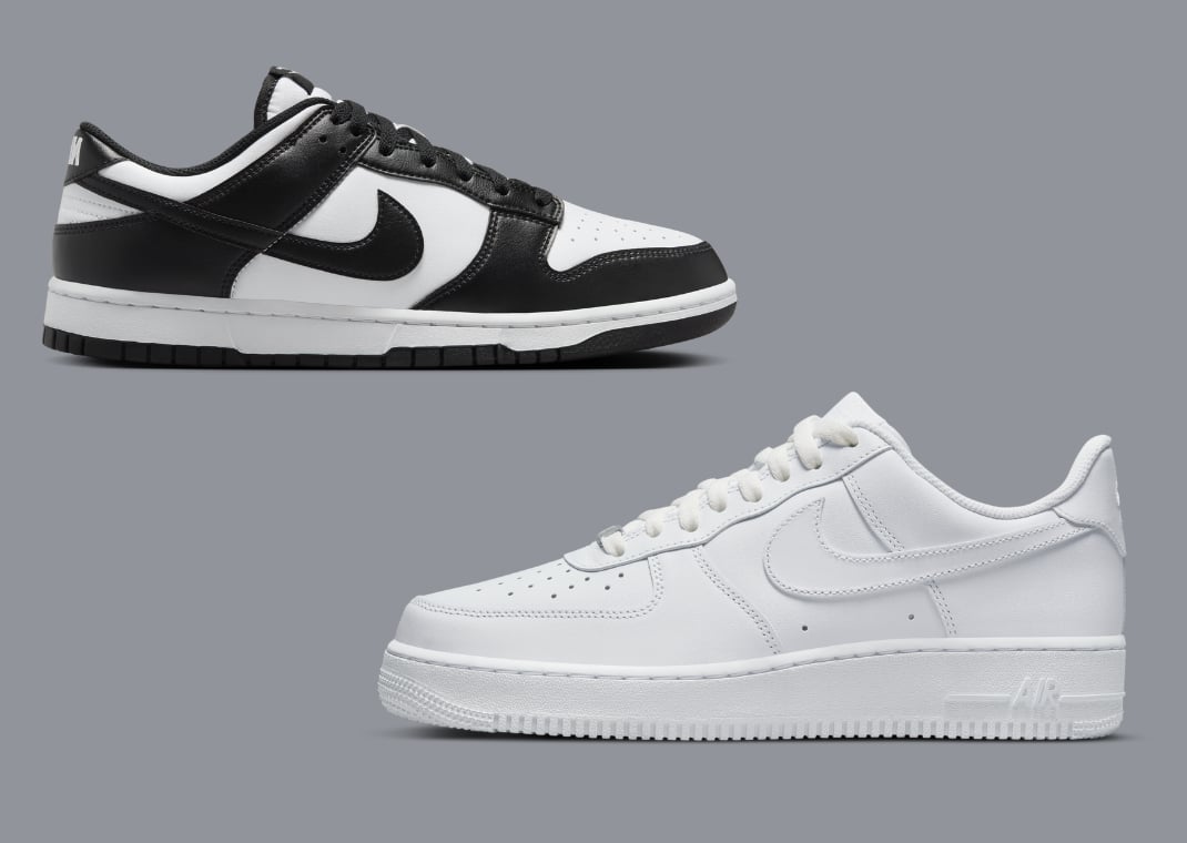 Nike Dunk Low Panda (top) vs. Nike Air Force 1 Low '07 White (bottom)