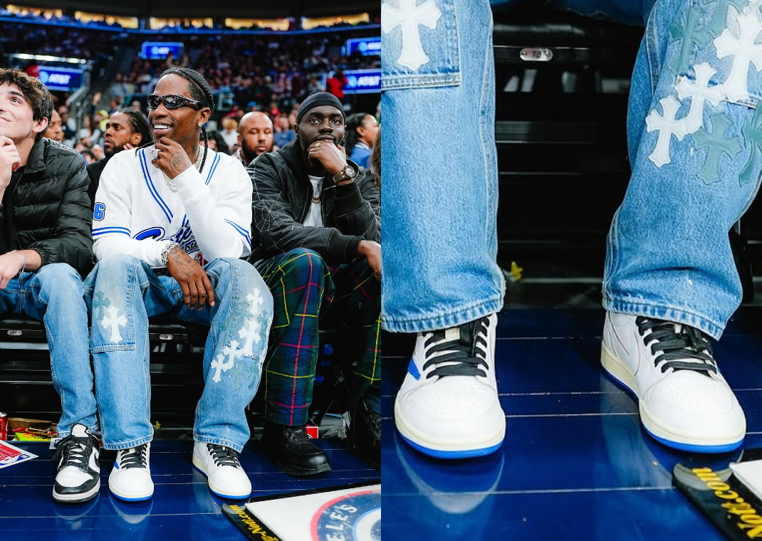 Travis Scott wearing the upcoming Travis Scott x fragment design x Air Jordan 1 Retro Low OG Sail Military Blue