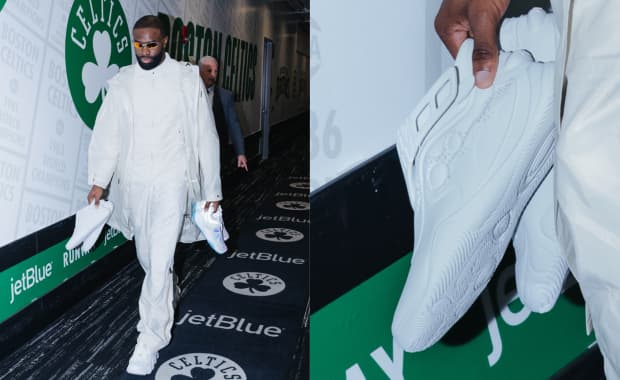 Jaylen Brown with his new 3D-printed sneaker