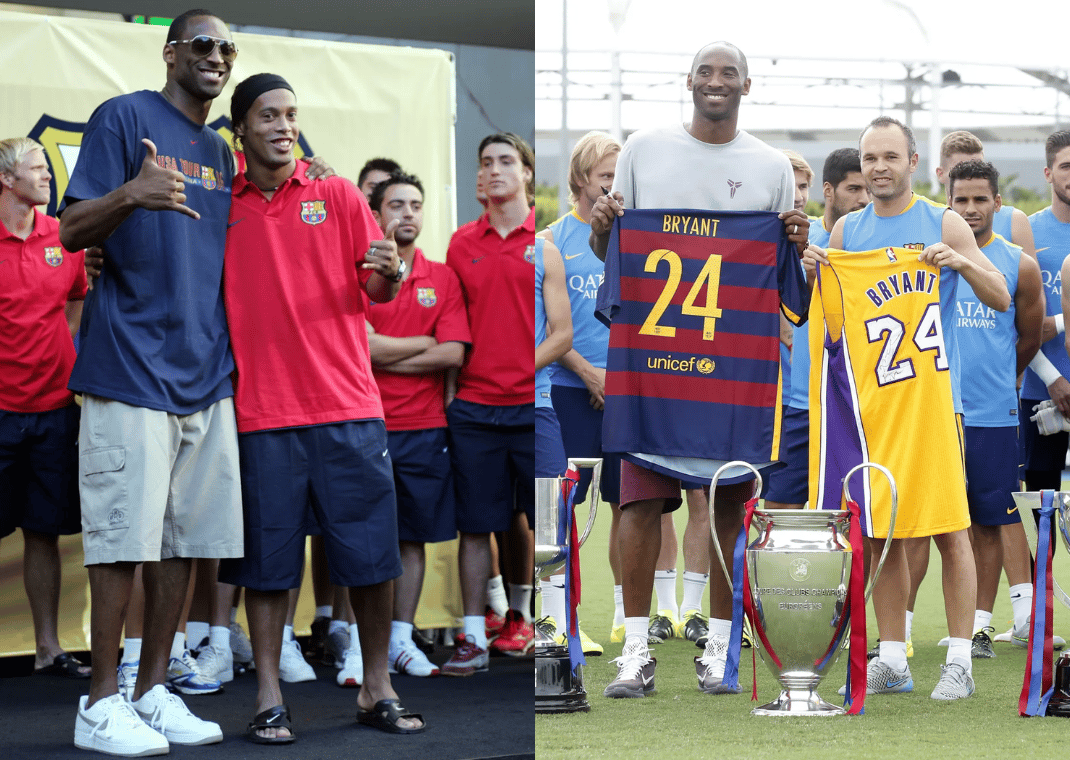 Kobe Bryant with Ronaldinho in 2006 (left); Kobe Bryant with Andrés Iniesta and FC Barcelona in 2015 (right) 