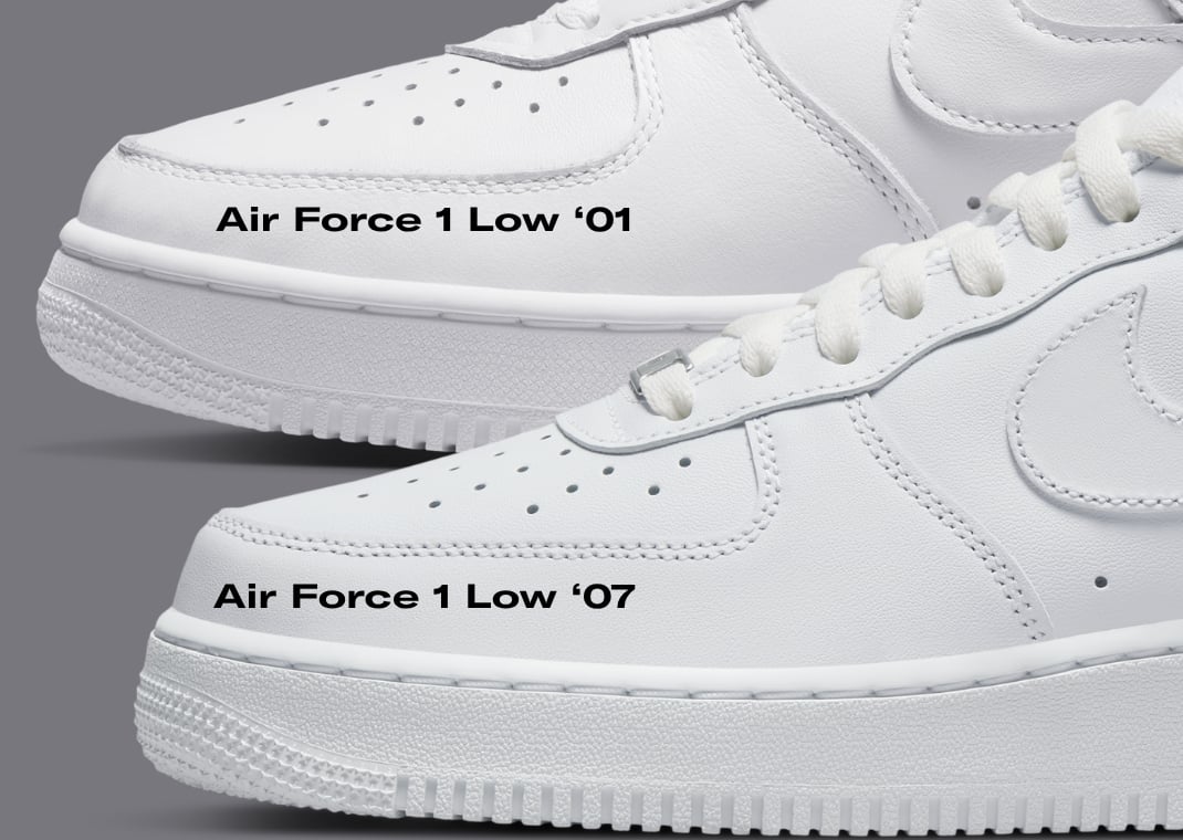 Nike Air Force 1 Low '01 (top) vs. Nike Air Force 1 Low '07 (bottom)