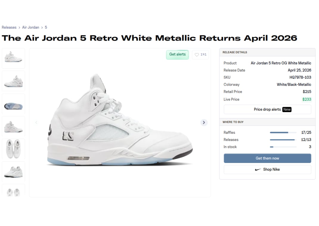 Air Jordan 5 Retro White Metallic